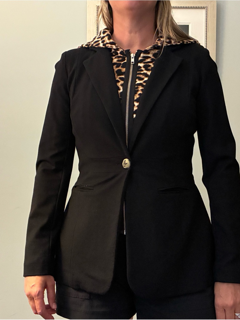 Peace Love World Black Blazer with Leopard-Print Zip Trim, removable liner